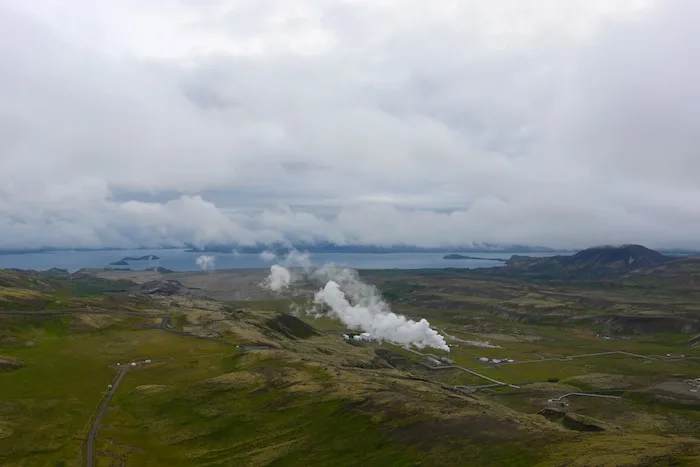 Helicopter ride in Iceland over geothermal power plant