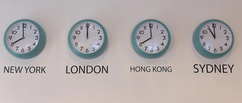Clock wall displaying different time zones