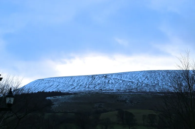 Snow on Pendle Hill from the Assheton Arms Hotel Review