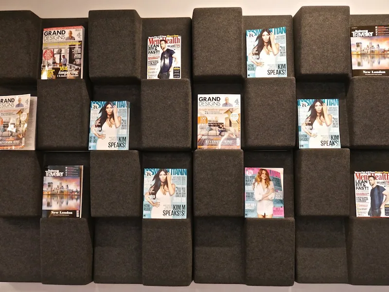 Magazine wall at Holiday Inn Express