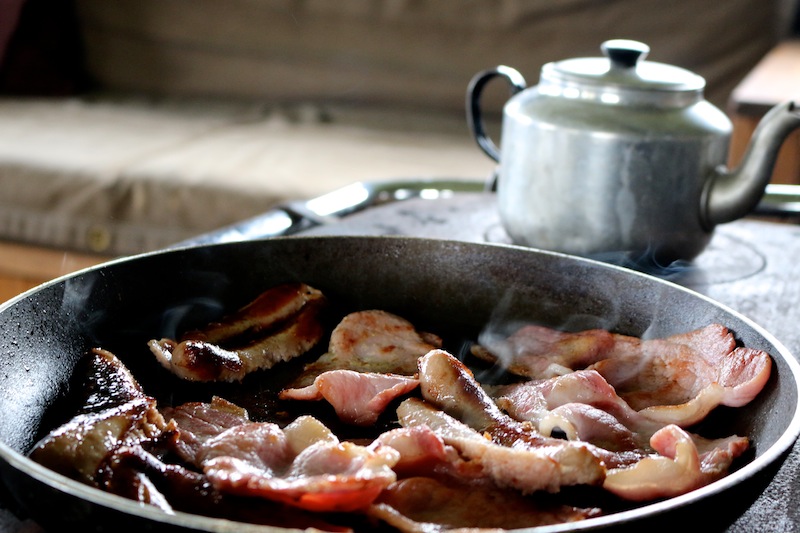 Featherdown Glamping in Lancaster - bacon and sausages for breakfast