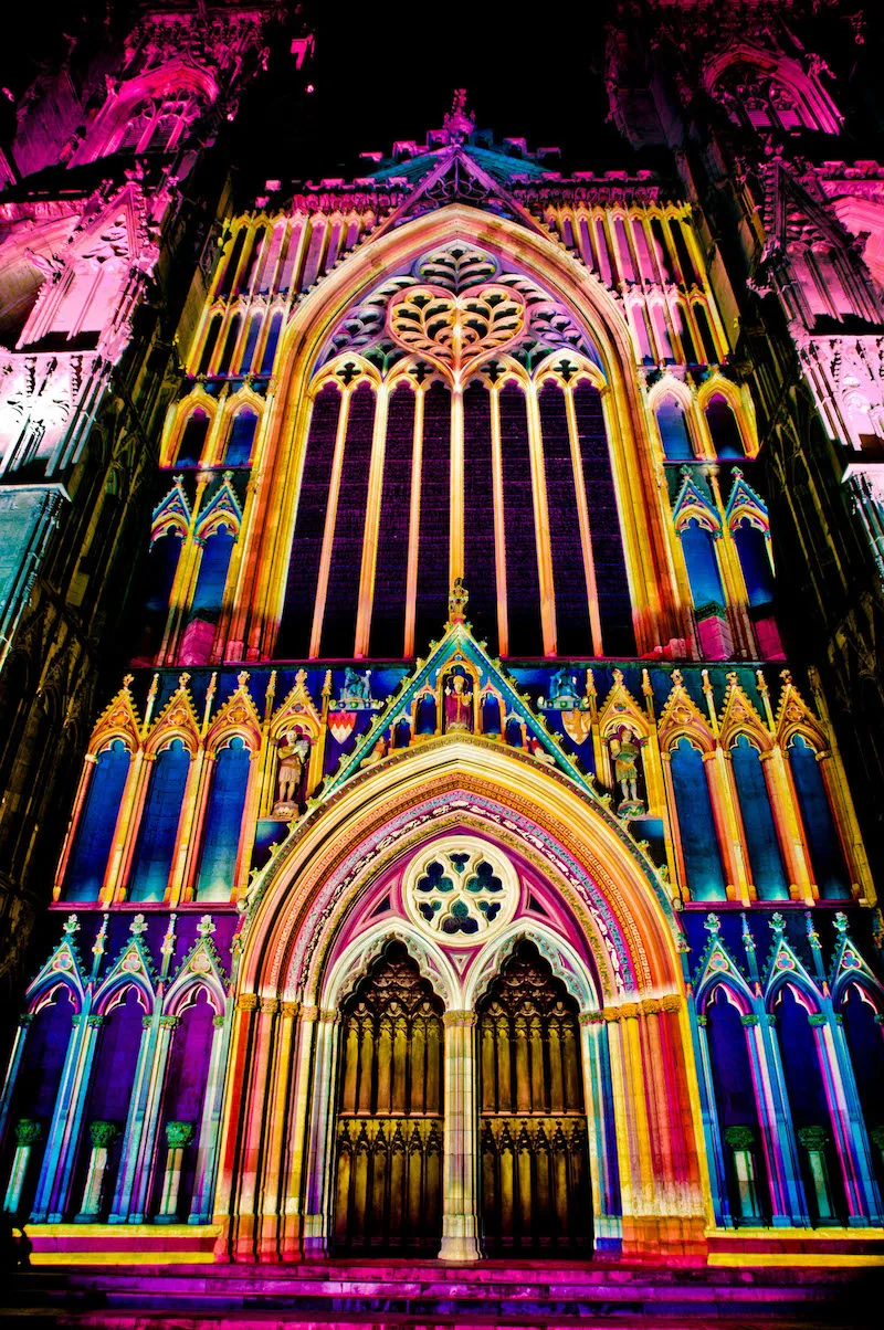 The Heart of Yorkshire, Chromolithe light installation by Patrice Warrener. Projected onto West Front of York Minster as part of the 'Illuminating York' Festival. Photo Copyright Bailey Cooper Photography, York. 